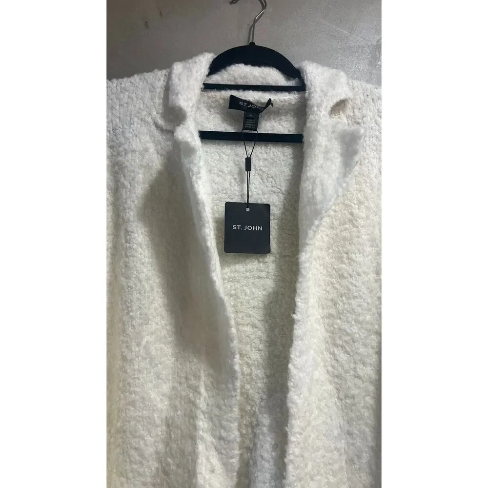 St. John White Light Weight Loop Knit Notch Collar Coat XL $1395